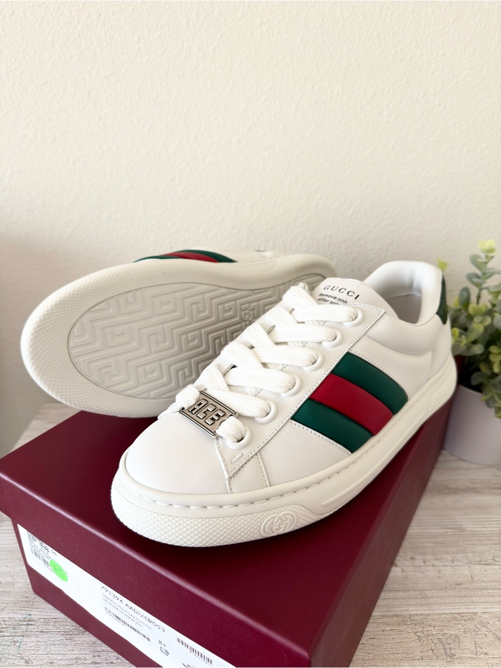 New Gucci Ace mens leather sneakers with Web, white, size 8.5, US 9.5